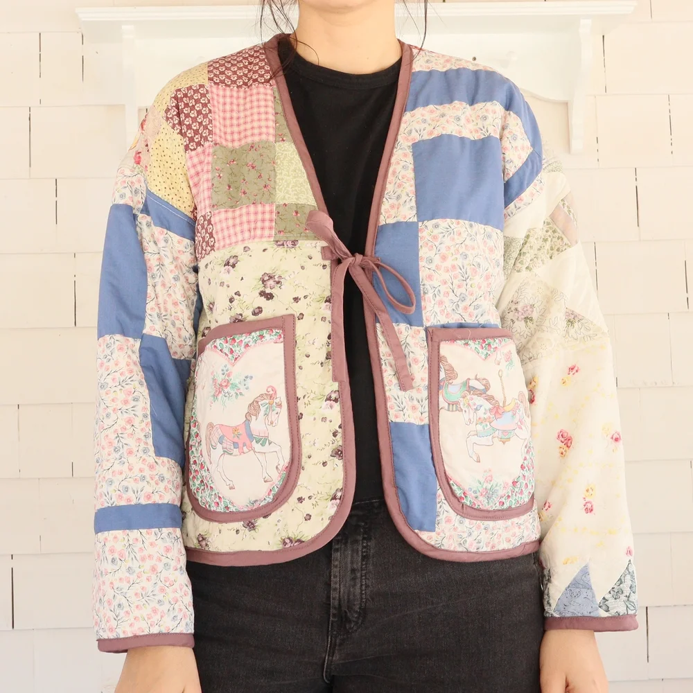 Upcycled Patchwork Quilted Cardigan Jacket With Bow S • M • L - Picture 7 of 10